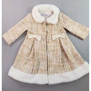 ✨ Blueberi Boulevard Girls Tweed Dress Coat Faux Fur Trim Bows Gold Pearl...